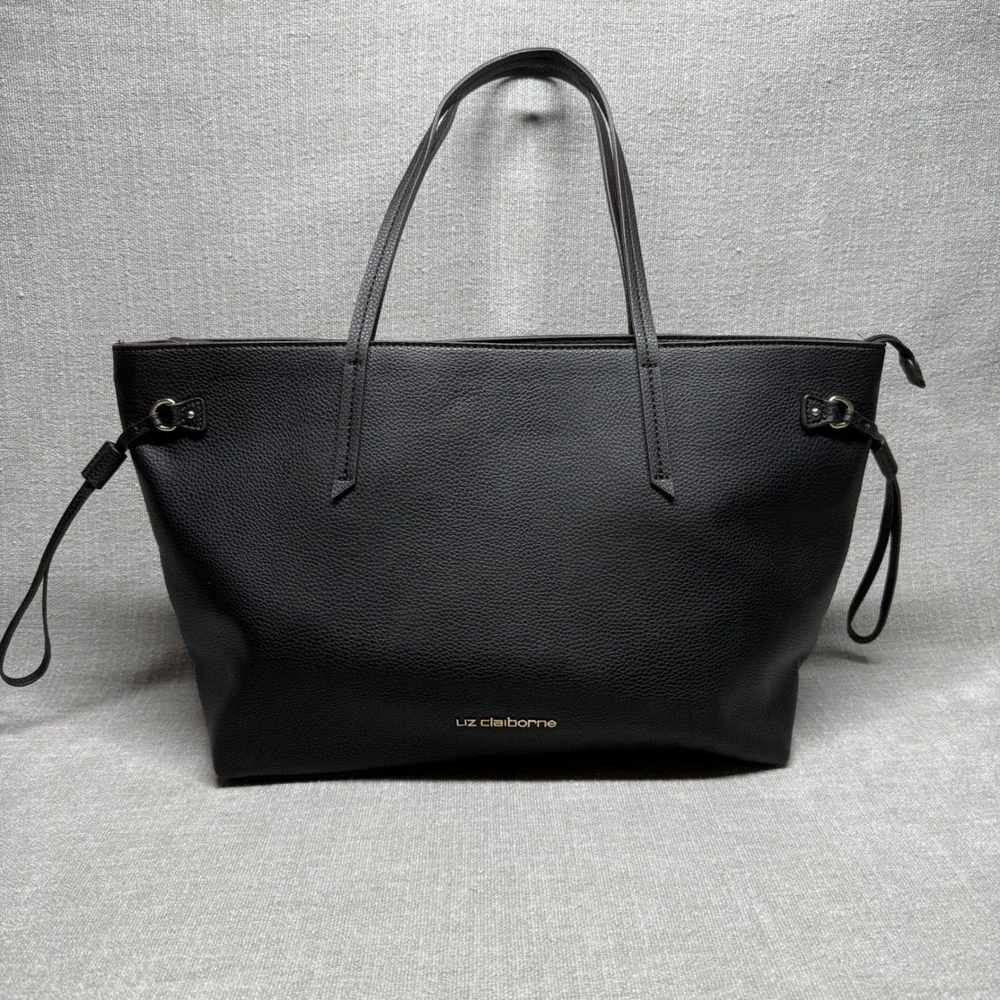 Liz Claiborne Black Pebble Faux Leather Tote Bag Large Shoulder Purse Work